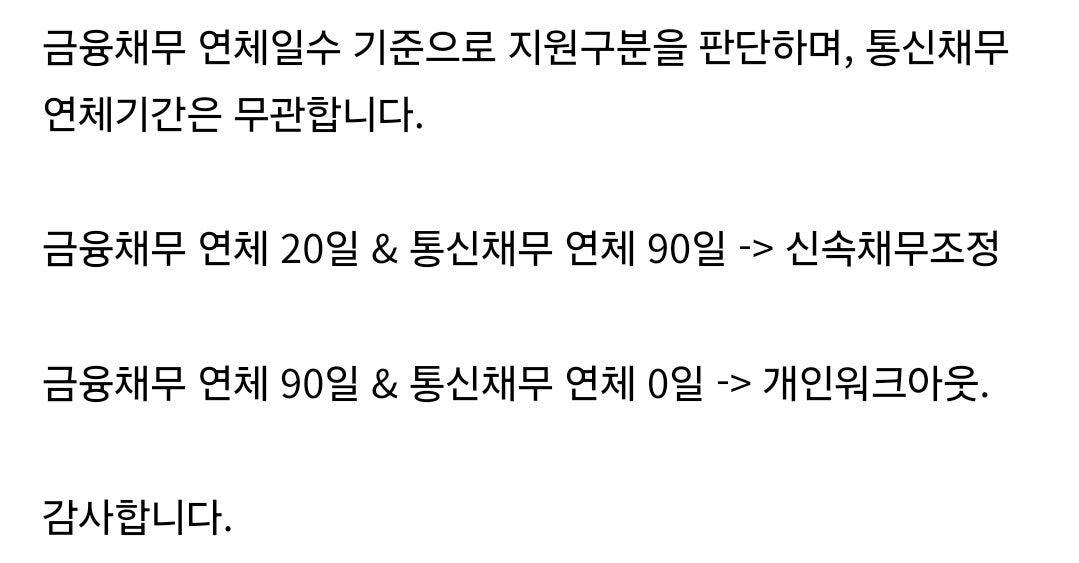 신속채무조정-자주하는 질문 : 통신채무 연체기간이 연체일수에 포함될까요? (X)